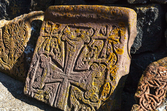 Ancient stones khachkar. Sevanavank monastery in Armenia