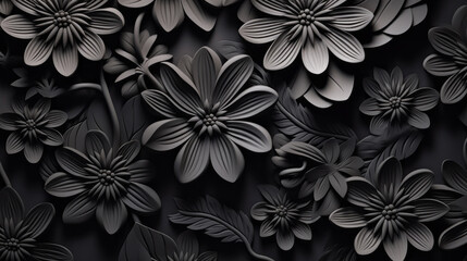 Black flowers background. Captivating Beauty of Dark graphite floral pattern.  Enigmatic Black Flowers on a Dark Graphite Floral Canvas