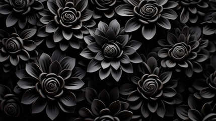 Fototapeta na wymiar Black flowers background. Captivating Beauty of Dark graphite floral pattern. Enigmatic Black Flowers on a Dark Graphite Floral Canvas