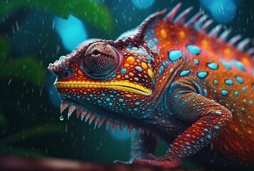 Fototapeta premium closeup of colorful chameleon in psychedelic. generative ai