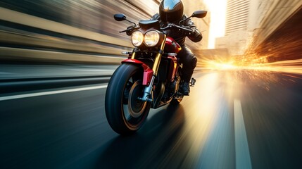 a motorcycle zooming down an open road, capturing the sense of speed and freedom.