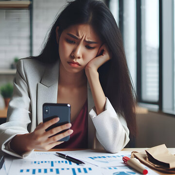 Young Busy Stressed Upset Asian Business Woman Holding Cellphone Using Mobile Phone, Looking At Smartphone Feeling Tired Frustrated Reading Bad News On Financial Market Working In Office