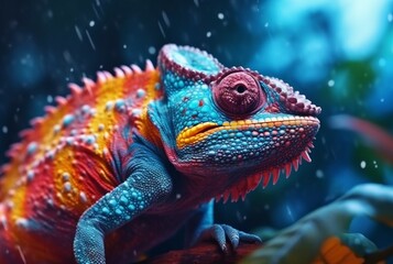 Fototapeta premium closeup of colorful chameleon in psychedelic. generative ai