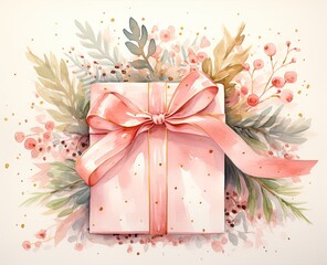 Christmas gift box watercolor illustration in pink color