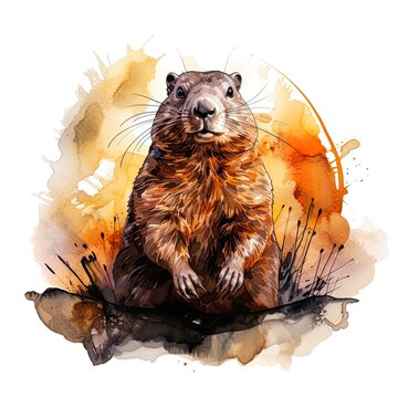 Groundhog Day watercolor illustration on white