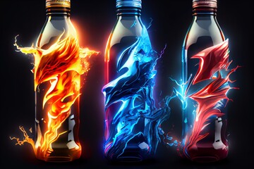 A creative shot of an energy drink bottle, capturing dynamic energy splashes and a vibrant glow. Essence of vitality and the energizing impact of the beverage.