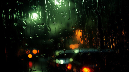 Green Lights in the rain. Night light flares. Bokeh Light Pictures. Rainy night.