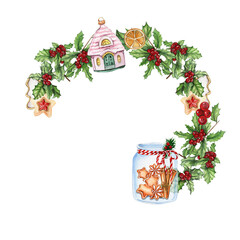 Christmas wreath with plants, watercolor illustration for cards, backgrounds, scrapbooking. Hand drawn background with New year plants and berries for your design. Perfect for wedding invitation.