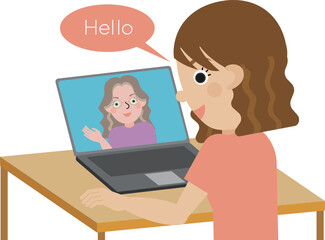 オンラインで英話で挨拶をしている日本人女性の斜め後ろアングルのイラスト
