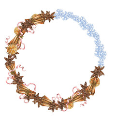 Christmas wreath with cinnamon sticks, watercolor illustration for cards, backgrounds, scrapbooking. Hand drawn background with New year plants and berries for your design.
