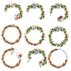 Christmas wreath with plants, watercolor illustration for cards, backgrounds, scrapbooking. Hand drawn background with New year plants and berries for your design. Perfect for wedding invitation.