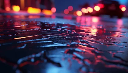 Foto op Plexiglas AI generated illustration of a city street illuminated by wet asphalt background with neon light © Wirestock
