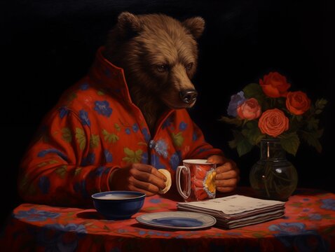 Painting of bear at breakfast eating a cookie and drinking coffee, wild beast, mischievous, rude grumpy character, monster or nice kind tender Teddy pet, new year's resolutions time, magic spell charm