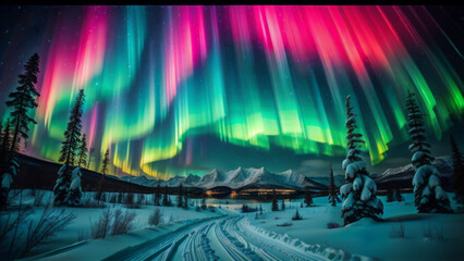Winter landscape at night with colored northern lights