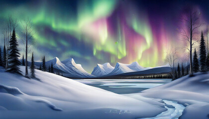 Winter landscape at night with colored northern lights