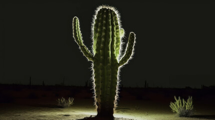 Cactus in the form of a human body. Anthropomorphic cactus with arms and head. Mexican desert at night. 