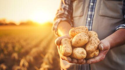 Farmer holding raw potatoes - obrazy, fototapety, plakaty