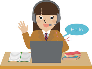 ヘッドホンを着用してオンラインで英会話をしているブレザーの女子中高生の正面画