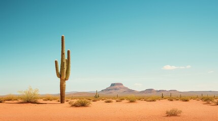A minimalist desert landscape with a solitary saguaro cactus standing tall against the vastness of the arid terrain.