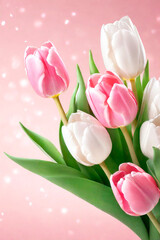 Spring background with beautiful pink and white tulips with bokeh.