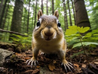 Obraz premium Close-up of a curious chipmunk in its natural habitat. Detailed image of the muzzle. A wild animal is looking at something. Illustration with distorted fisheye effect. Design for cover, card, etc.