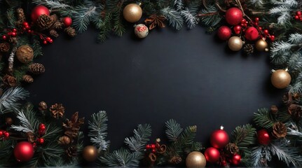 Fototapeta na wymiar Christmas themed border crafted from wintry elements on a black background Flat perspective Festive idea, top view without perspective.