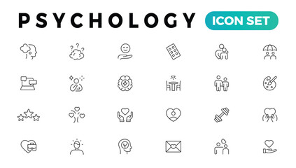 Psychology, Positive thinking line icons collection. Psychology, charity, family, happy, peace icons. UI icon set. Thin outline icons pack