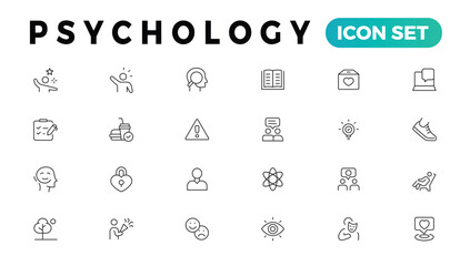 Psychology, Positive thinking line icons collection. Psychology, charity, family, happy, peace icons. UI icon set. Thin outline icons pack