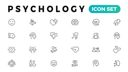 Psychology, Positive thinking line icons collection. Psychology, charity, family, happy, peace icons. UI icon set. Thin outline icons pack