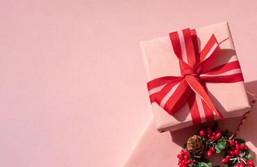 Christmas or New Year pink gift boxes concept composition. Winter holiday greeting card close up