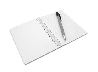 Open spiral bound notepad or notebook with square and blank sheets and pen on top, isolated on white background side view 