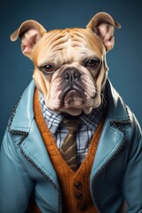 Cute bulldog portrait with fancy haircut, wearing human clothes, over blue background