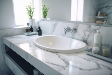 Fototapeta na wymiar Elegant white bathroom interior with white marble. generative ai