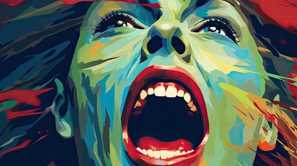 A frightened woman with a grimace of fear and terror on her face. Dramatic moment. The woman is very afraid.