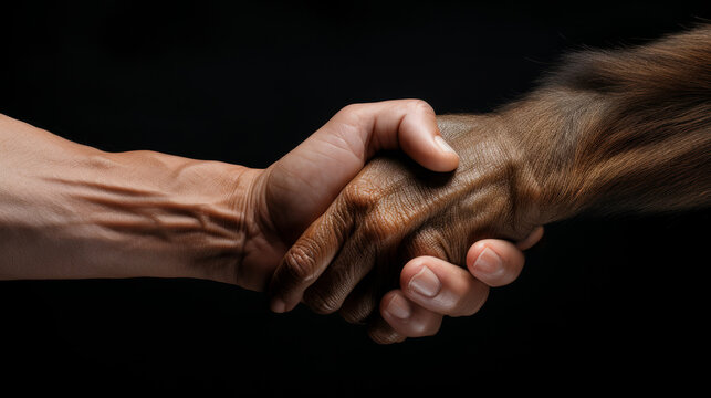 Handshake of human hand and gorilla. Animal and human handshake. Human hand and animal paw. Collaboration between human and nature and animals. Isolated on black background