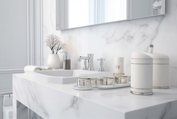 Fototapeta na wymiar Elegant white bathroom interior with white marble. generative ai