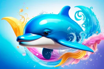 Schilderijen op glas Colorful watercolor. Jumping from water cute dolphin isolated in colors fantasy swirls splash. © elena_hramowa
