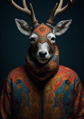 a deer wearing a coat and a hoodie