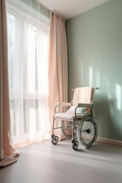Empty pediatric wheelchair in a child's room symbolizes the absence of mobility for a young user. Challenges faced by children with disabilities and the importance of inclusive spaces concept.