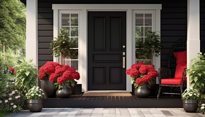 a front door of a house with a black door and potted plants - obrazy, fototapety, plakaty