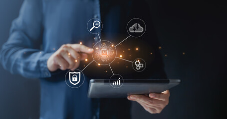 Digital transformation change management, internet of things. new technology bigdata and business process strategy, customer service management, cloud computing, smart industry. Ai technology.