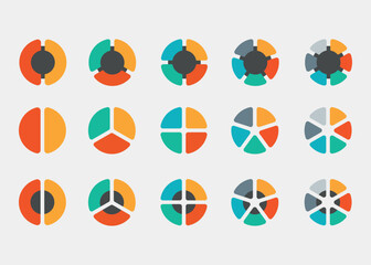 Pie chart set. Colorful diagram collection with 2,3,4,5,6 sections or steps. Circle icons for infographics, UI, web design, and business presentations. Vector illustration.