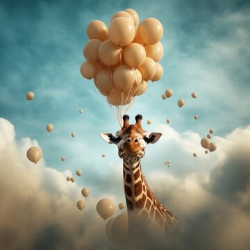 a giraffe with balloons in the sky