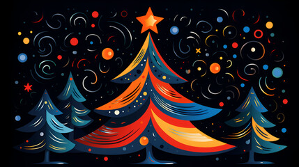 Christmas tree illustration confetti dark background memphis style