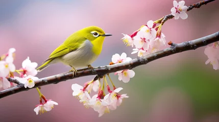 Raamstickers 桜とメジロ、さくらの木に止まった鳥のアップ © tota