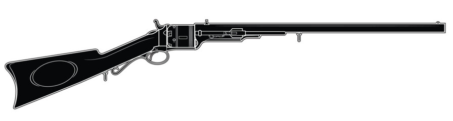 Vector illustration of the 1839 Colt Paterson percussion revolving smoothbore carbine on the white background. Black. Right side.