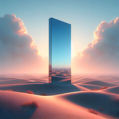 mirror monolith standing in the desert, rectangle shape mirror desert, light blue and pink sky, 3d renderd surreal, digital art, photorealistic ai genarated image - obrazy, fototapety, plakaty