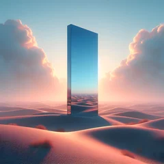 Deurstickers mirror monolith standing in the desert, rectangle shape mirror desert, light blue and pink sky, 3d renderd surreal, digital art, photorealistic ai genarated image © Shafad