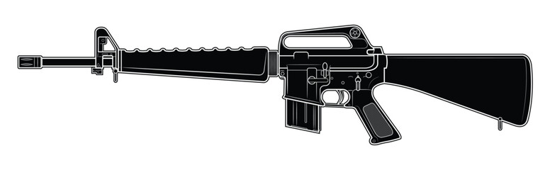 Vector illustration of M16 assault carbine. Black. Left side.