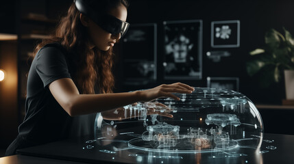 Obraz na płótnie Canvas Woman with AR headset examining 3D hologram.